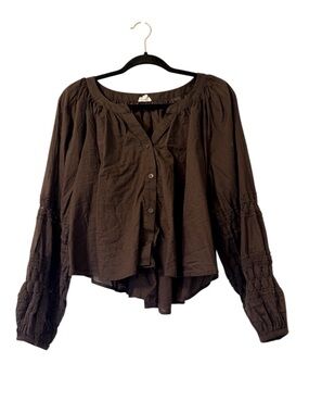 Aerie Dark Brown Long Sleeve Button Down Oversized Peasant Blouse Cropped M